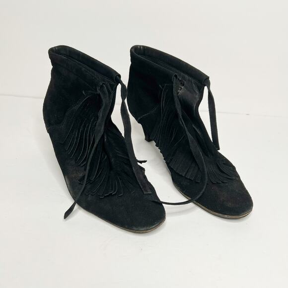 MAJE Fringed Heeled Ankle Bootie Boots Leather Suede Black Womens Size US 8 EU39 - Picture 3 of 10